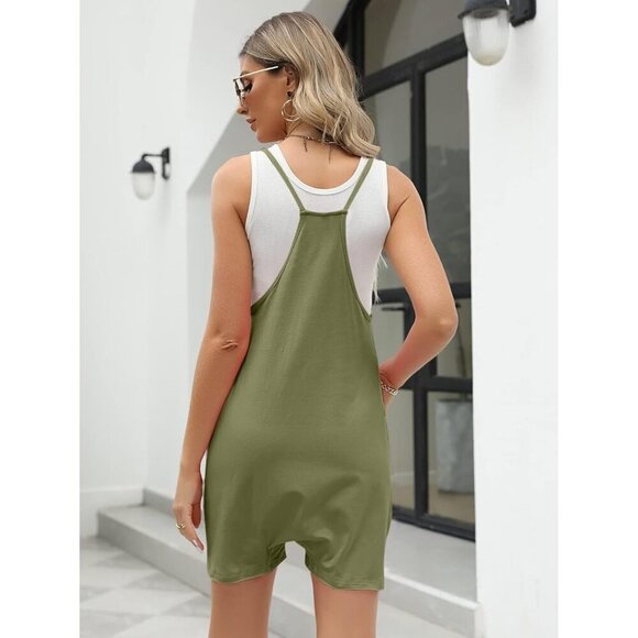 Womens Rompers Green Wide Leg Shorts Overalls Adjustable Strap Bib Jumpsuit - Picture 3 of 6